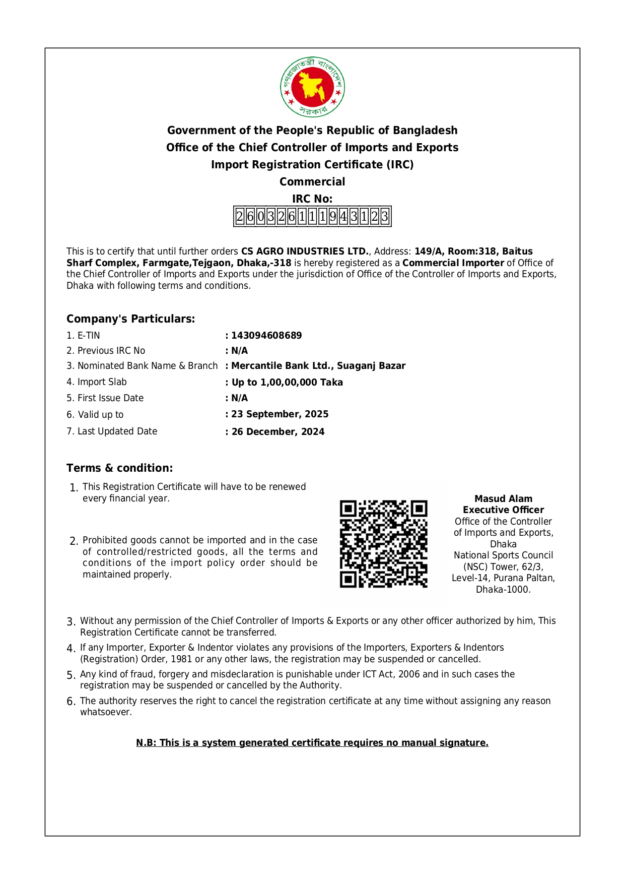 Import Registration Certificate (IRC)