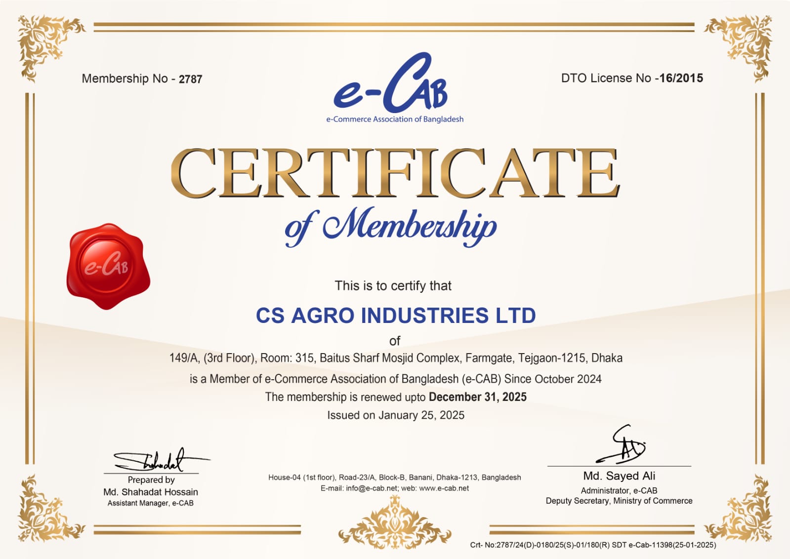 E-Cab Certificate Of Membership